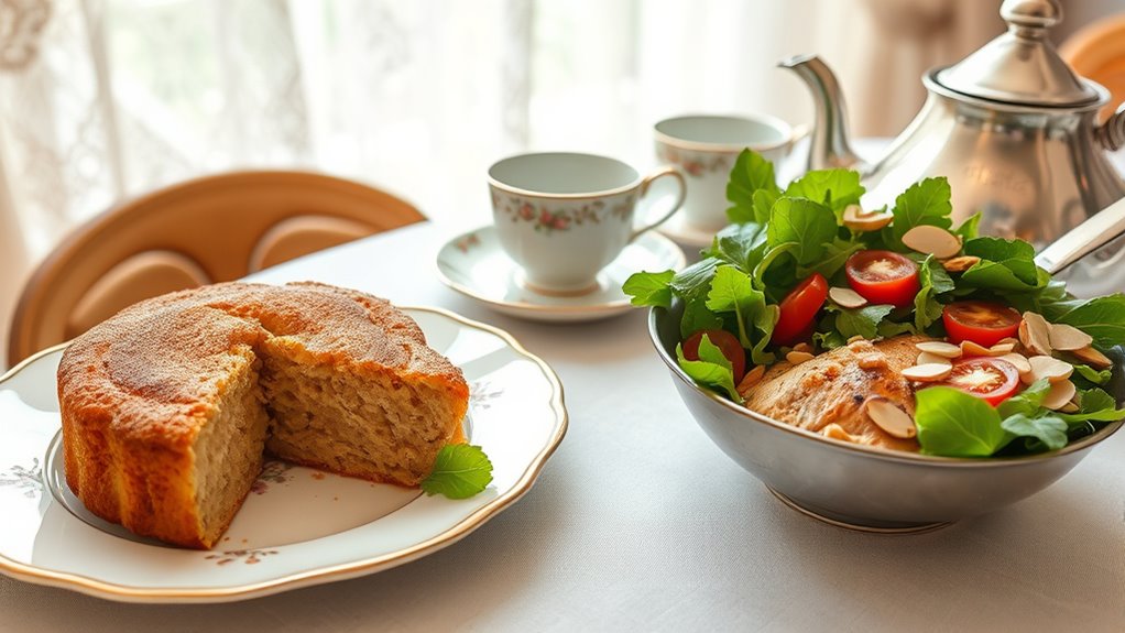apple cake and chicken salad