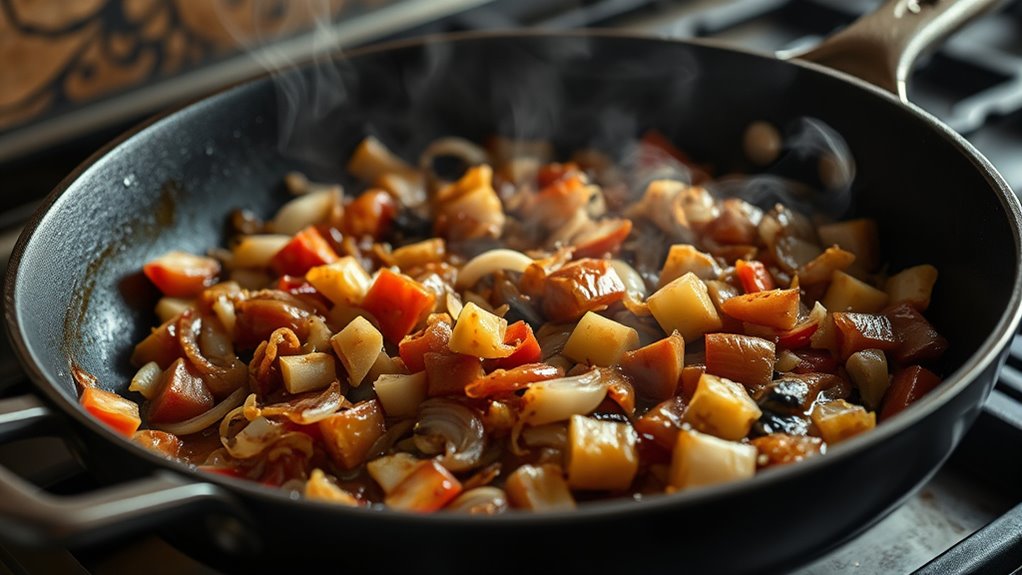 caramelize onions peppers garlic
