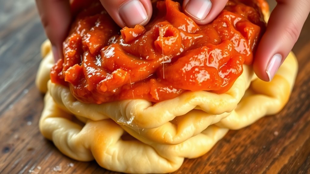 layered tomato buttered cheesy dough
