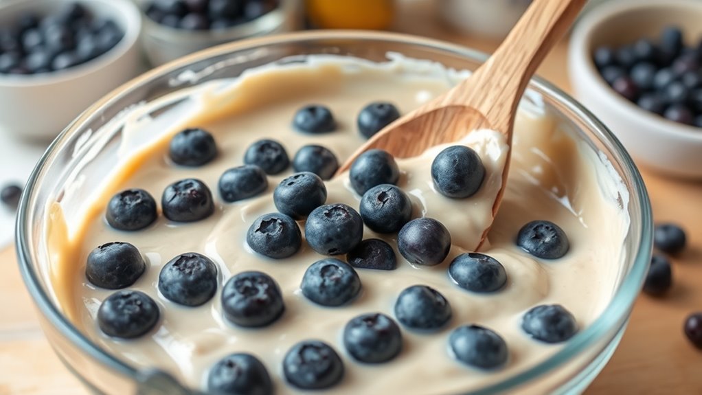 thick batter suspends blueberries